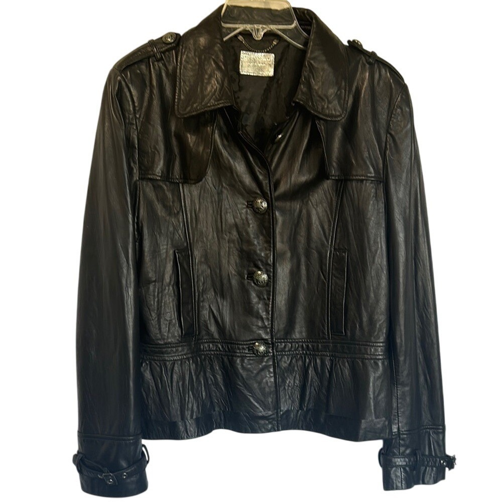 Vintage Guess Leather Peplum Jacket Black 80s Fitted Feminine Minimalist XL